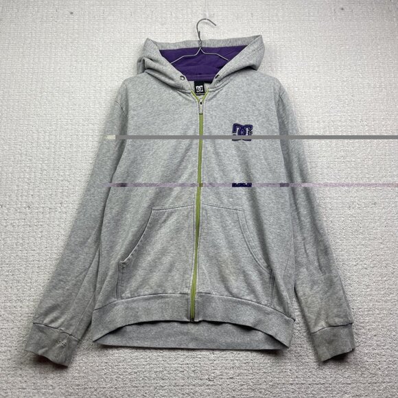 Y2K DC Shoes Full Zip Hoodie Men S Logo Gray Purple Skateboarding Grunge Read - Picture 1 of 16